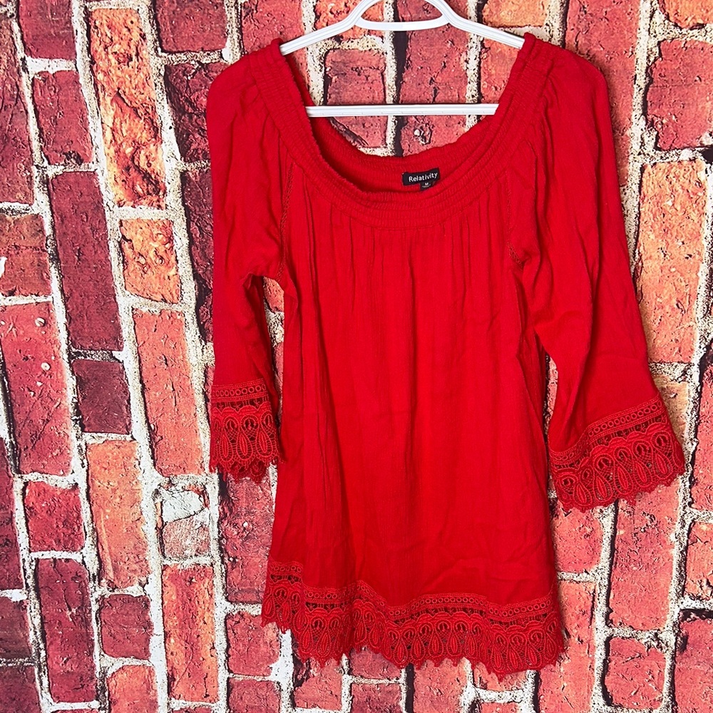 Relativity Red Lace Trim women’s blouse Top Medium